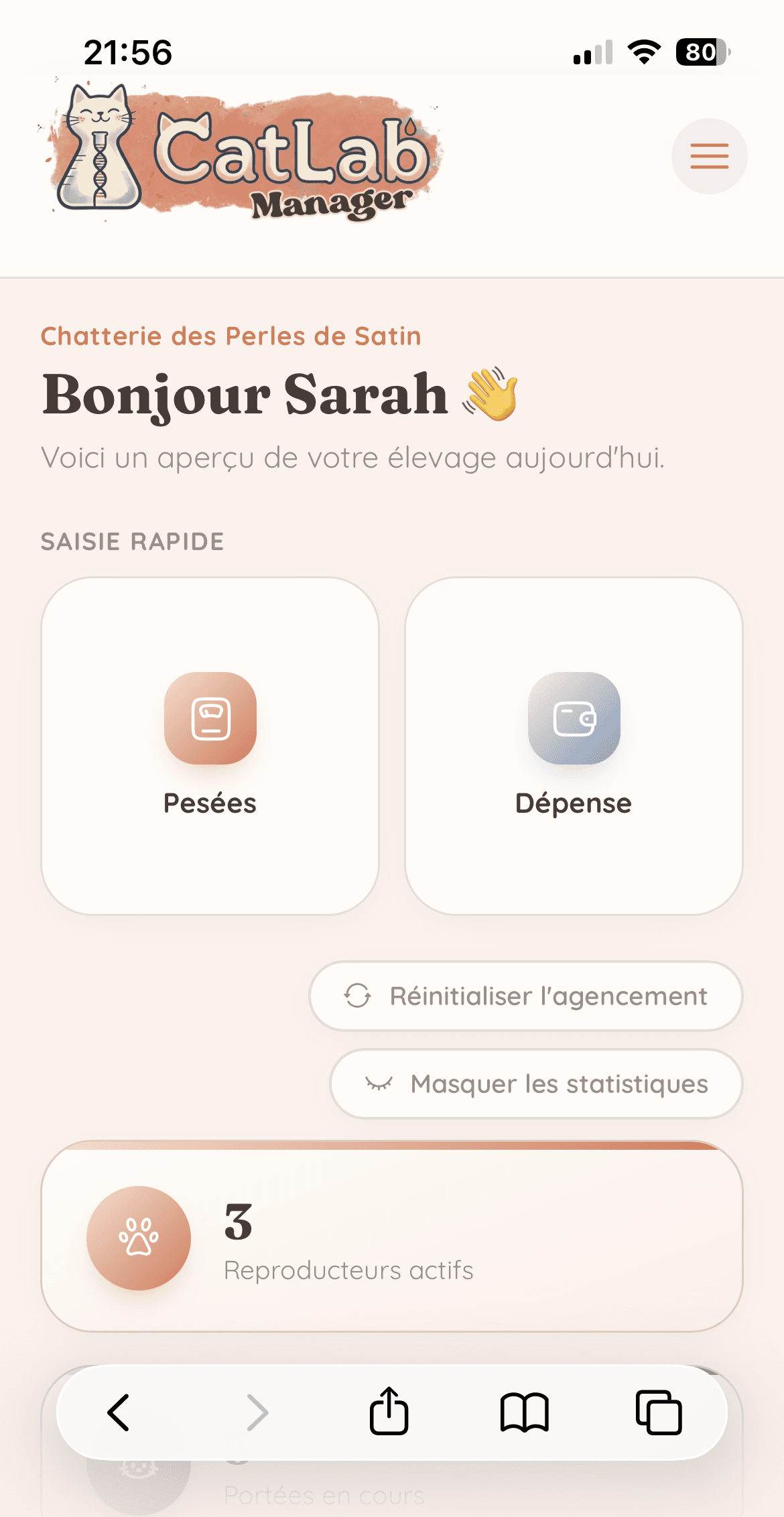 Écran d'accueil de CatLab Manager sur mobile, avec les raccourcis de saisie rapide Pesées et Dépense